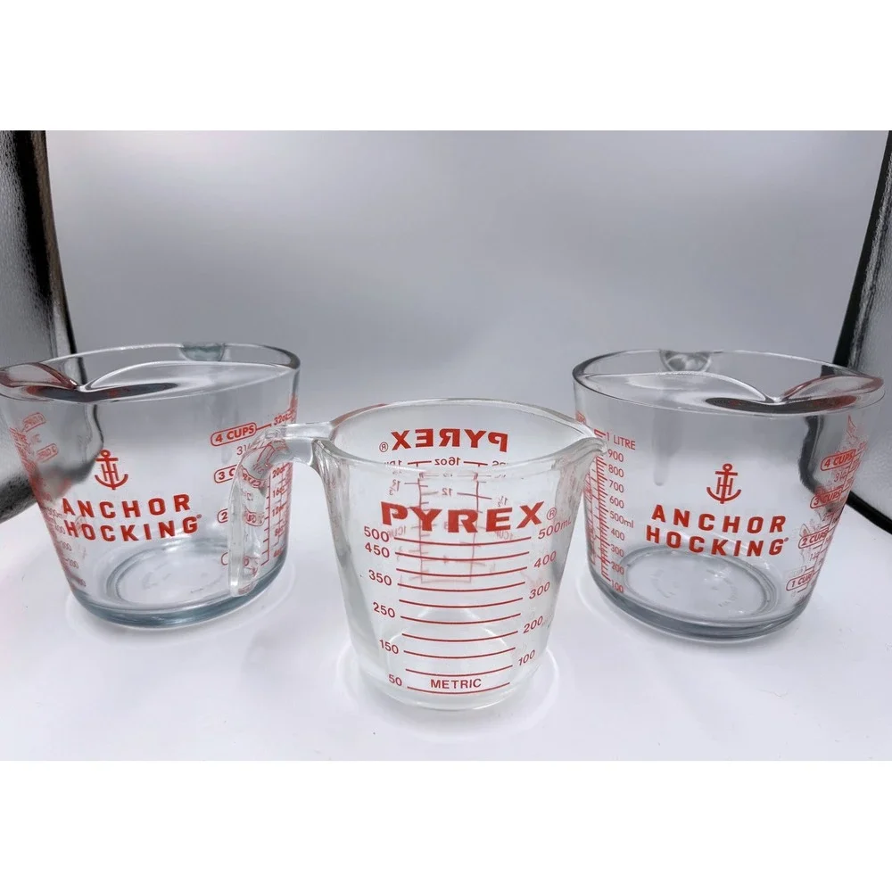 3pc Glass Measuring Cup Set Anchor Hocking 4 Cup 1 Quart & Pyrex 2 Cup 500ml